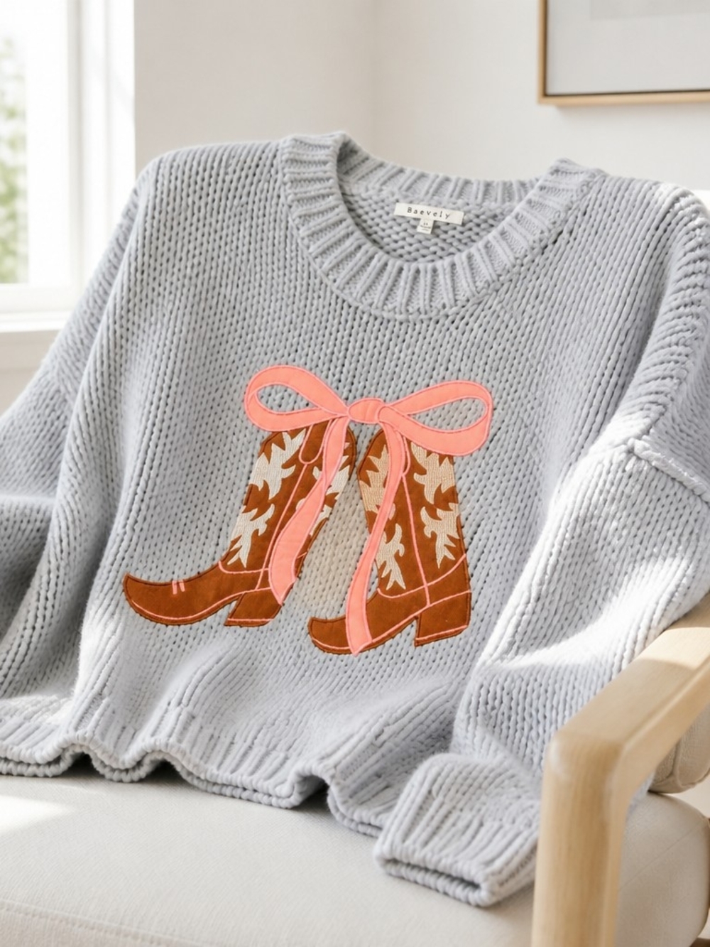 Baevely Western Cowboy Boots Bow Chunky Knit Sweater Grey/Blue Medium